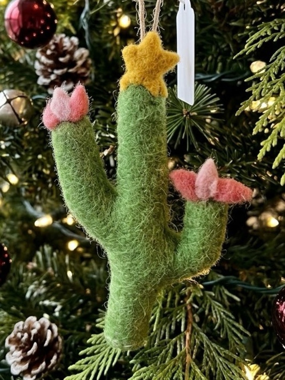 Felted Saguaro Cactus Christmas Tree Ornament with Star & Pink Blooms – 5.5"